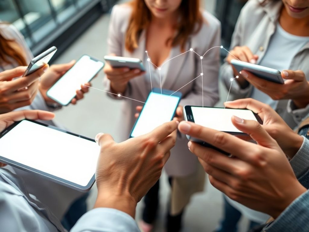 Oameni interacționând cu dispozitive digitale, lumini de ecran.